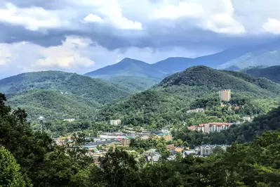 View of downtown Gatlinburg and the Great Smoky Mountains National Park