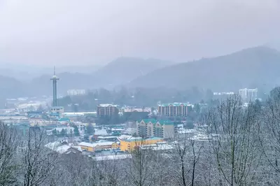 View of downtown Gatlinburg TN in the snow