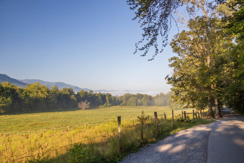 Cades Cove Loop Road with view of Great Smoky Mountains covered in morning mist